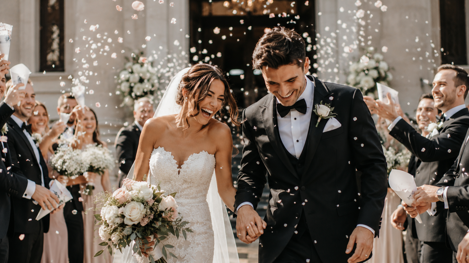 Bride and groom celebrating in confetti shower